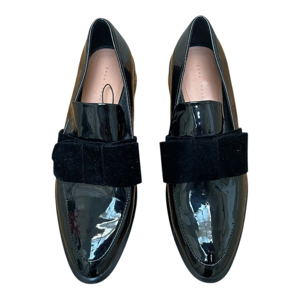 Zara Patent Black Slip-On Loafers Velvet Bow